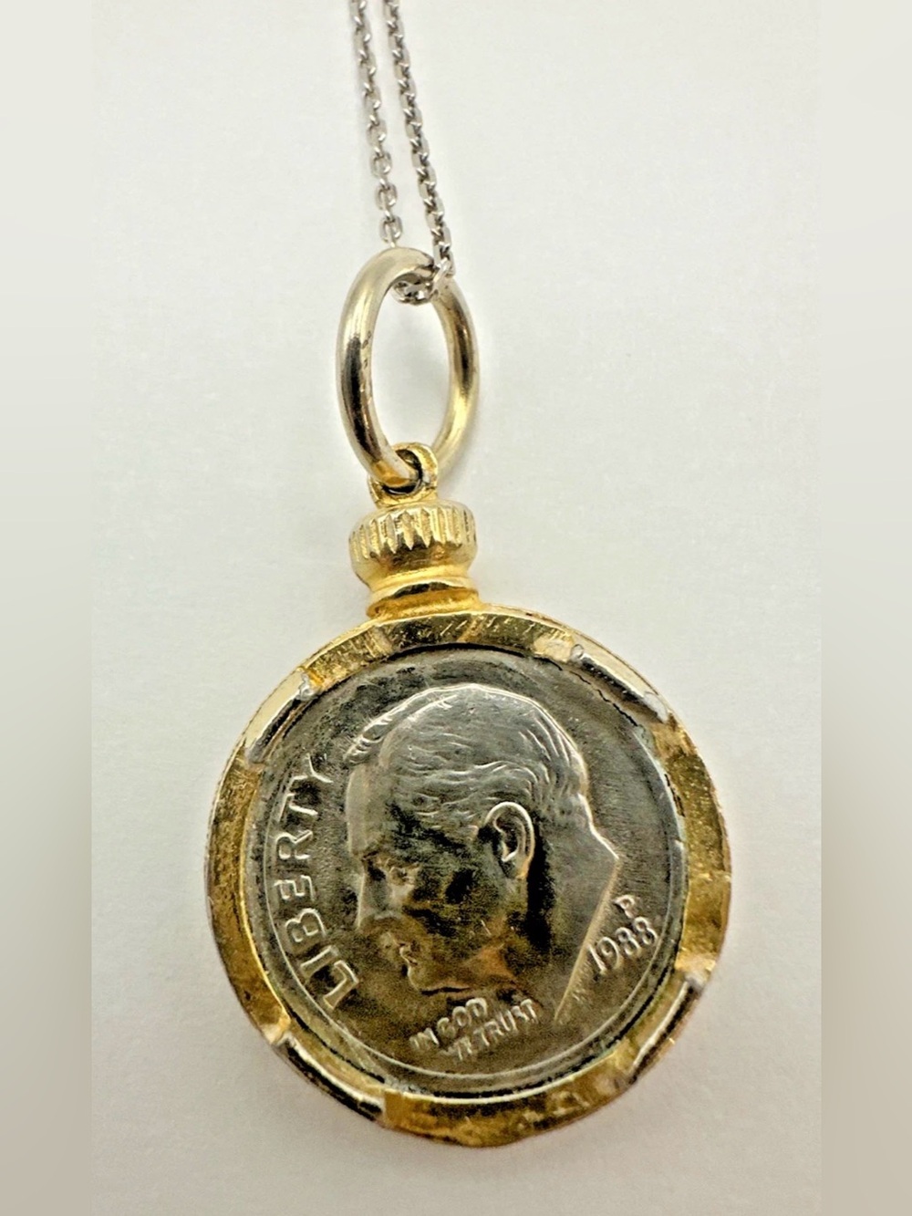Sterling Silver 1988 Dime Necklace Coin Jewelry Gold Tone Fitting Two Tone 18"